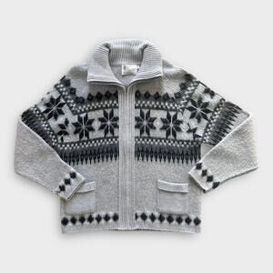 Vintage 70s London Fog Nordic Fair Isle Snowflake Zip-Up Sweater Gray Mens Large